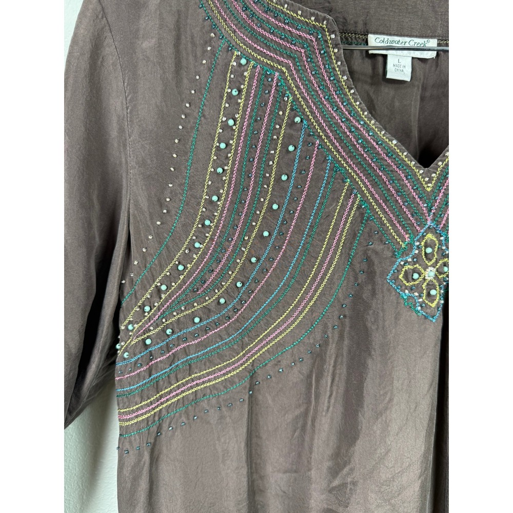 Coldwater Creek Brown 100% Silk Beaded Embroidered Tunic Top Womens Large Boho - Picture 8 of 10